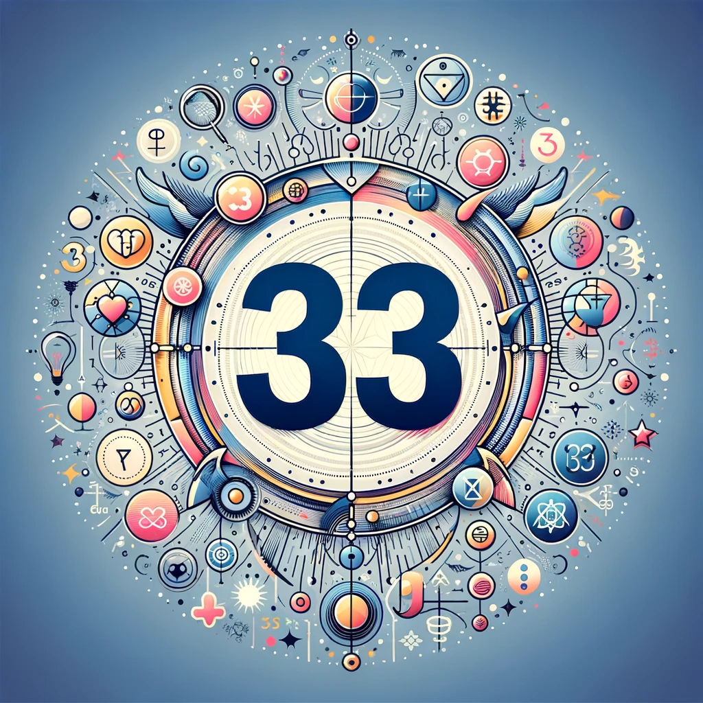 ·E 2023 12 30 22.42.38   An image for an article on 'The Power of Master Numbers', focusing on the number 33. The image should showcase the number 33 encircled by symbols and .png