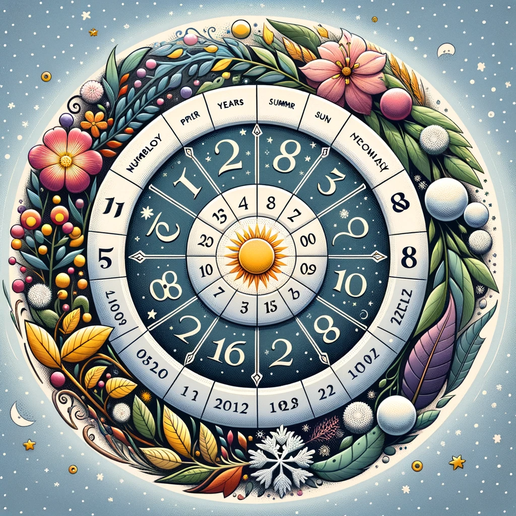 ·E 2023 12 30 22.49.55   A featured image for an article titled 'Numerology and Personal Year Cycles_ Navigating Life's Seasons', depicting a circular calendar with numbers an.png