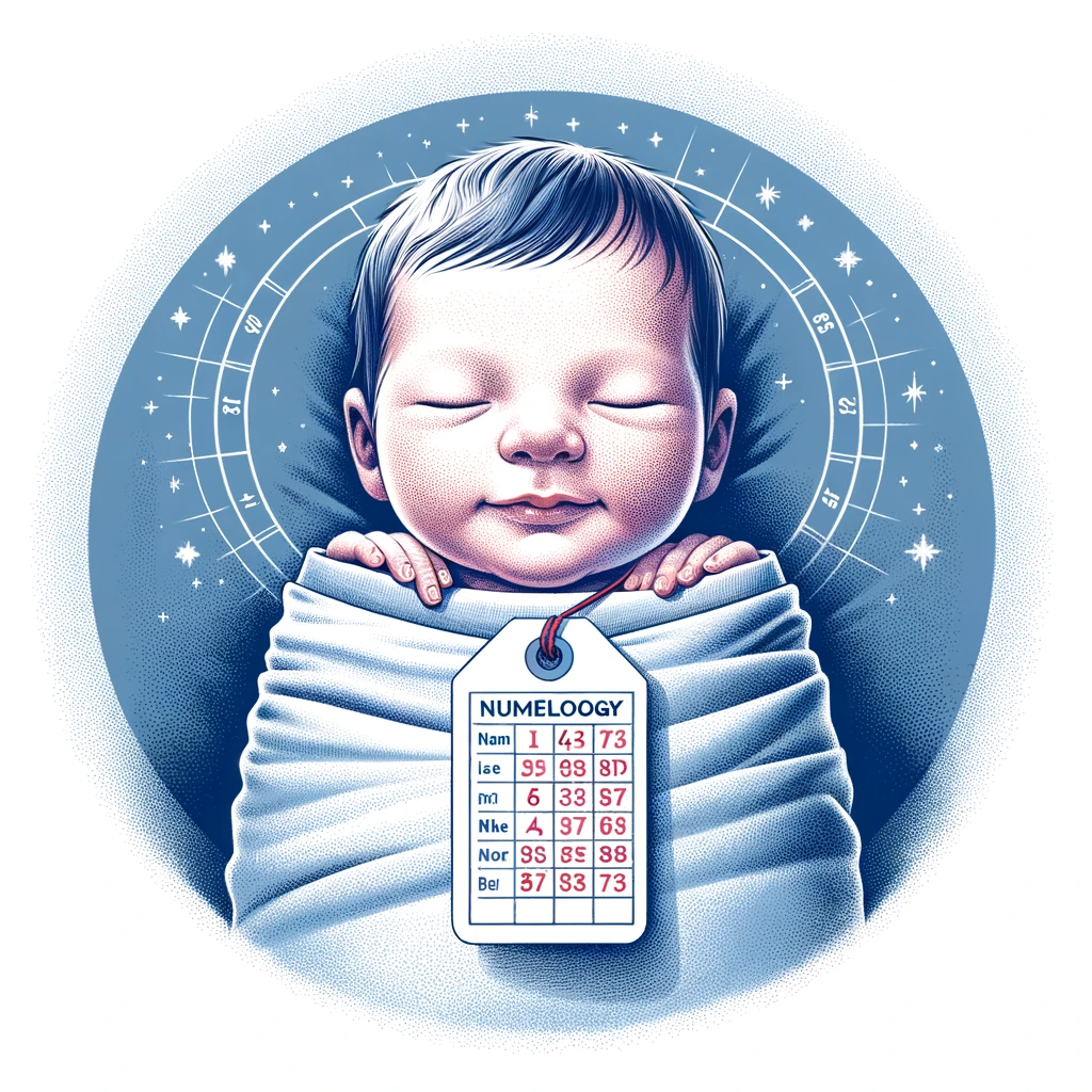 ·E 2023 12 30 22.58.24   An image for an article titled 'Numerology and Name Analysis', showing a newborn baby with a tag displaying a name and its numerological value. This i.png