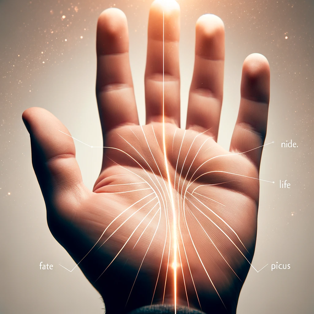·E 2024 01 01 18.37.56   An image for an article on 'Palmistry and Fate', focusing on the fate line. The image should showcase a close up of a hand with a distinct fate line, .png
