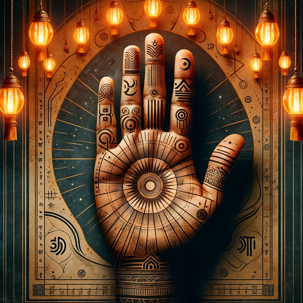 ·E 2024 01 01 18.45.14   An image for an article on 'The Cultural and Historical Significance of Palmistry', focusing on ancient Indian palmistry. The image should showcase a .png