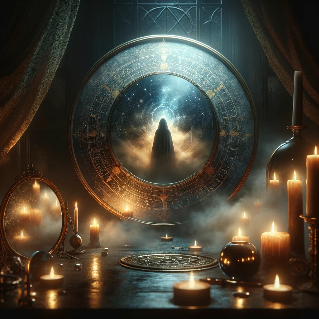 ·E 2024 01 01 18.58.21   An image for an article on 'An Introduction to Scrying', focusing on mirror scrying. The image should showcase a mystical scene with a reflective mirr.png