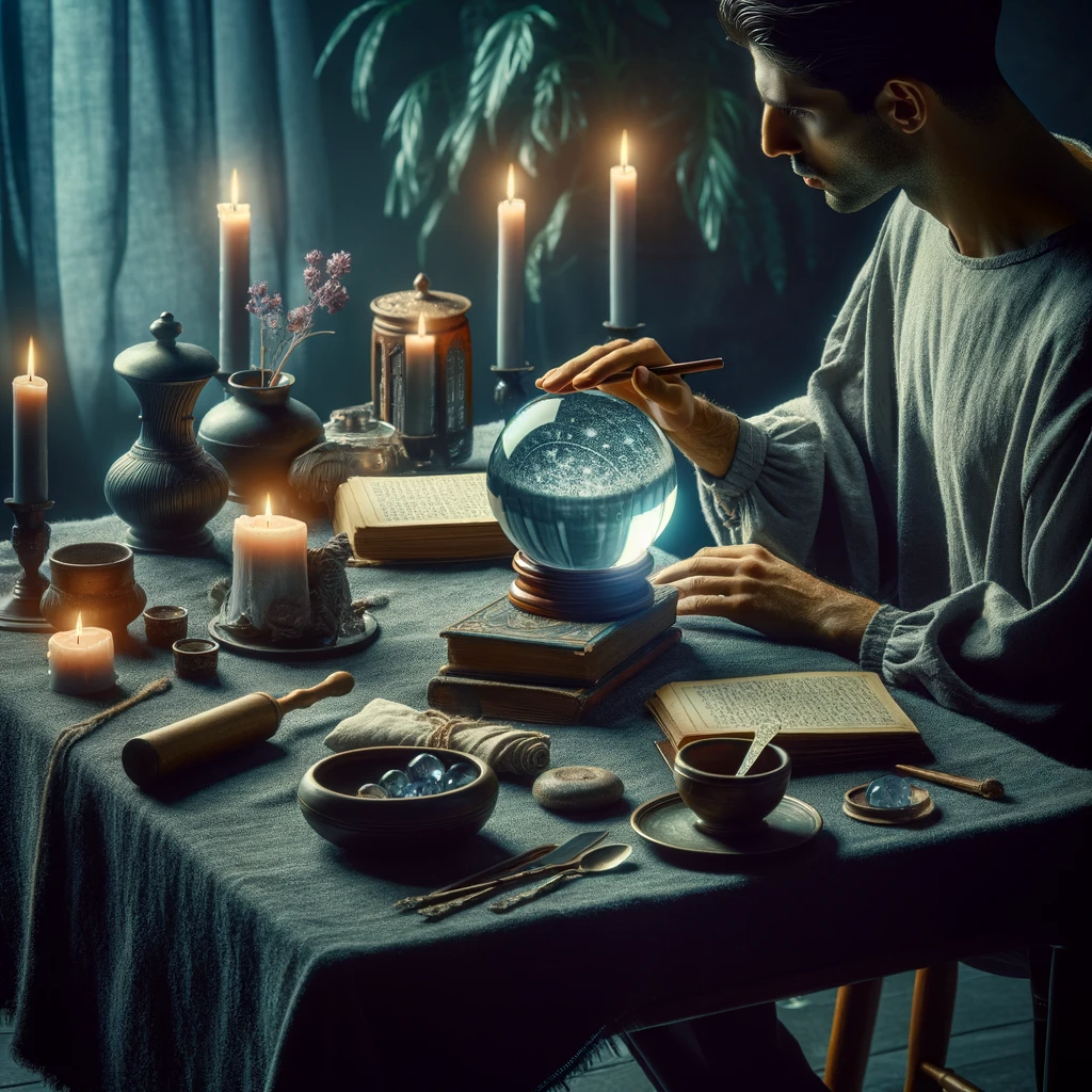 ·E 2024 01 02 23.27.58   An image for an article on 'The Art of Crystal Ball Scrying', depicting a person preparing for a scrying session. The scene should feature an individu.png
