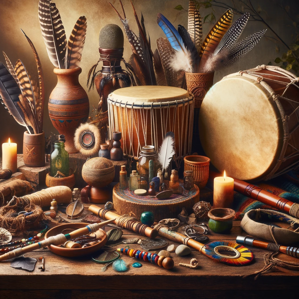 ·E 2024 01 03 18.58.10   An image for an article on 'What Is Shamanism_', focusing on shamanic tools and symbols. The scene should feature various items commonly used in shama.png