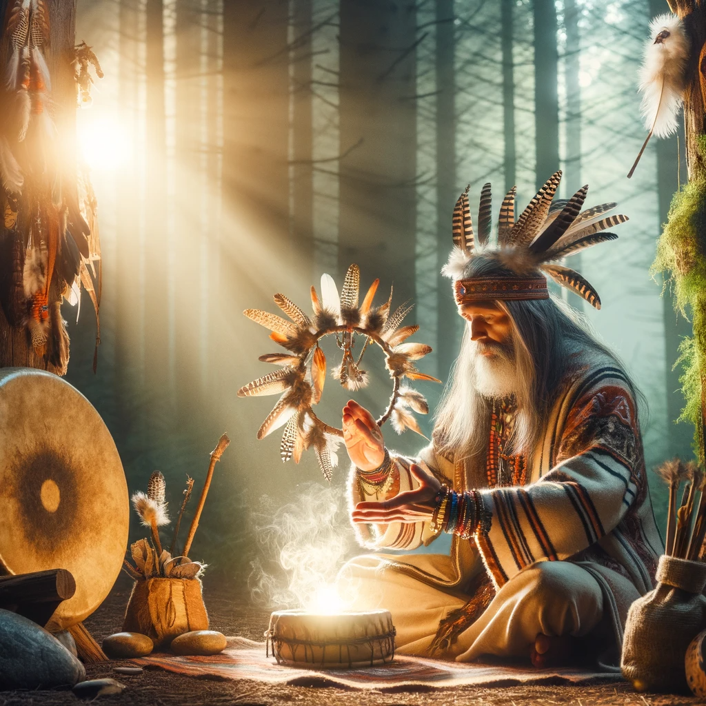 ·E 2024 01 03 18.58.13   An image for an article on 'What Is Shamanism_', depicting a shaman engaging in a healing ritual. The scene should feature a shaman dressed in traditi.png