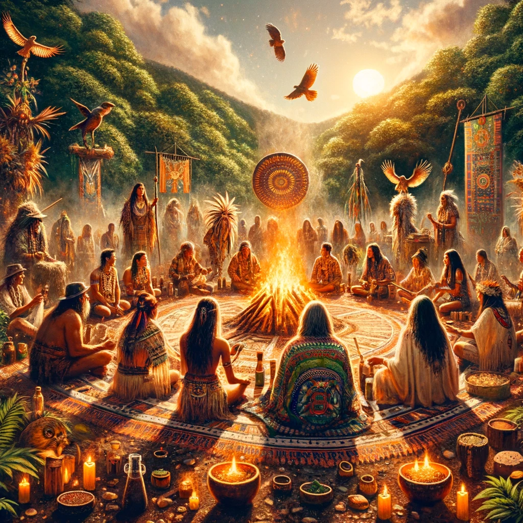 ·E 2024 01 03 19.14.12   An image for an article titled 'Plant Medicine and Shamanism_ Healing with Ayahuasca, Peyote, and More', showcasing a shamanic ceremony involving plan.png