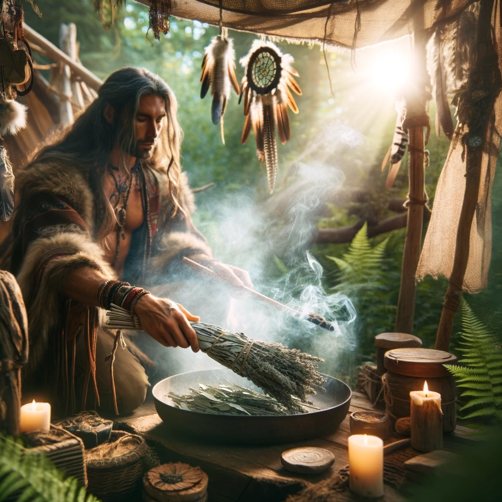 ·E 2024 01 03 19.59.08   An image for an article on 'Shamanic Rituals and Ceremonies', depicting a shaman performing a smudging ritual. The scene should feature a shaman using.png