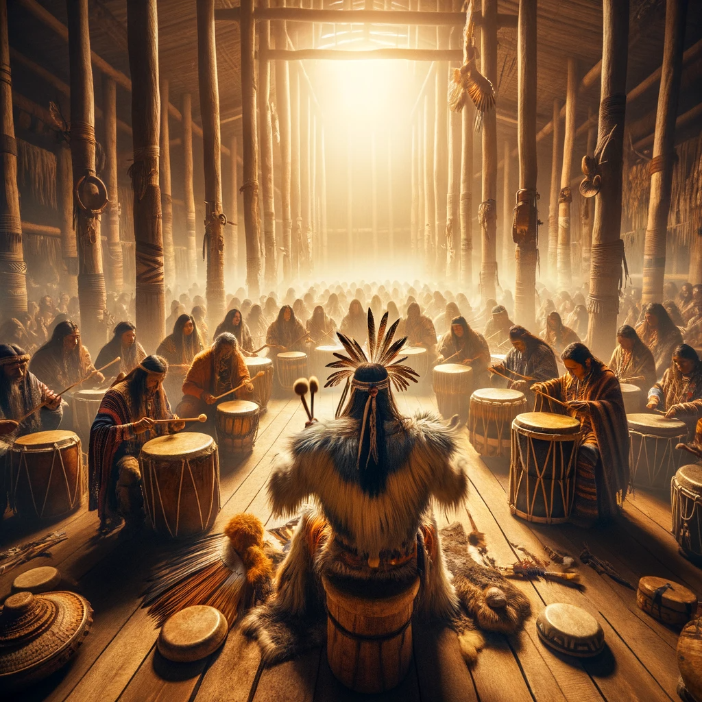 ·E 2024 01 03 19.59.09   An image for an article about 'Shamanic Rituals and Ceremonies', showing a shamanic drumming session. The image should depict a shaman or group of ind.png
