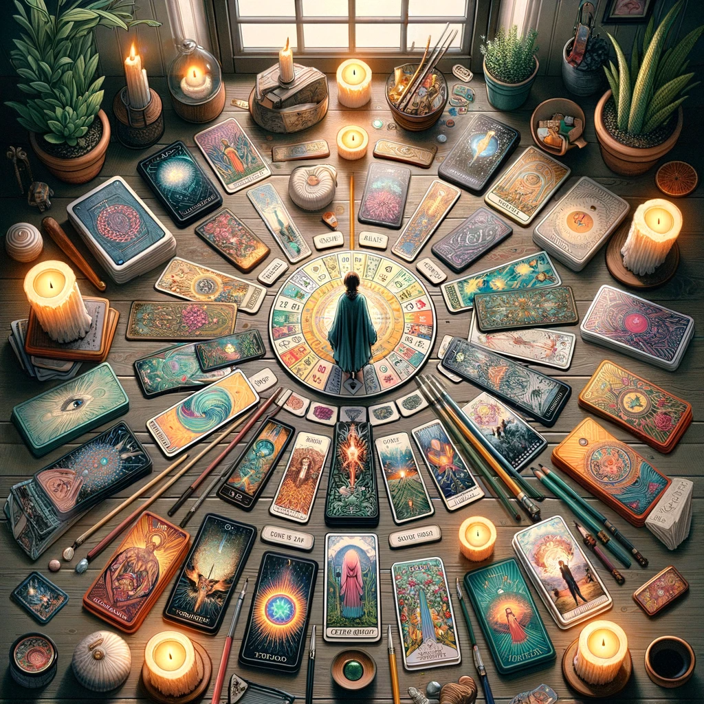 ·E 2024 01 04 00.03.57   An image for an article about 'Getting Started with Tarot', focusing on choosing a tarot deck. The scene should depict a variety of tarot decks, each .png