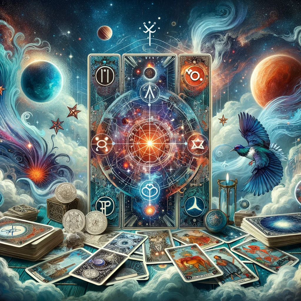 ·E 2024 01 04 02.25.19   A featured image for an article titled 'Tarot and Astrology_ Bridging the Cosmic Connection in Divination', showcasing a blend of tarot cards and astr.png