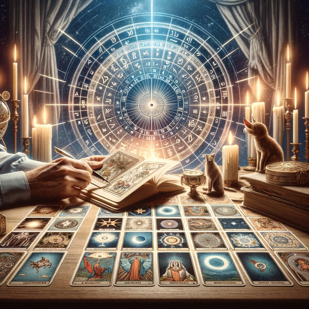 ·E 2024 01 04 02.25.24   An image for an article on 'Tarot and Astrology', showcasing the use of astrological birth charts in tarot readings. The scene should feature a tarot .png