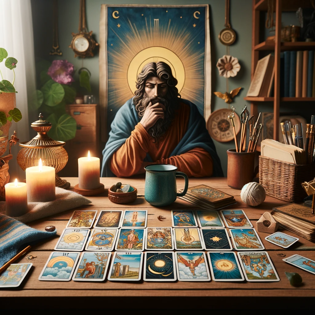 ·E 2024 01 04 02.34.24   An image for an article titled 'Tarot for Self Reflection', focusing on the use of tarot for gaining insight into life's challenges. The scene should .png