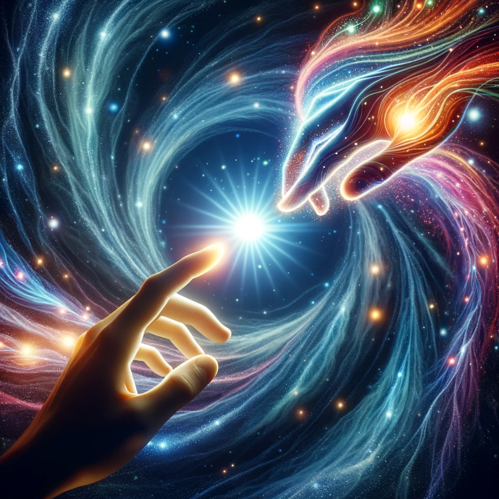 ·E 2024 01 04 02.52.57   A conceptual image of two hands reaching towards each other, one emanating a glowing light and the other surrounded by a swirl of colorful cosmic ener.png