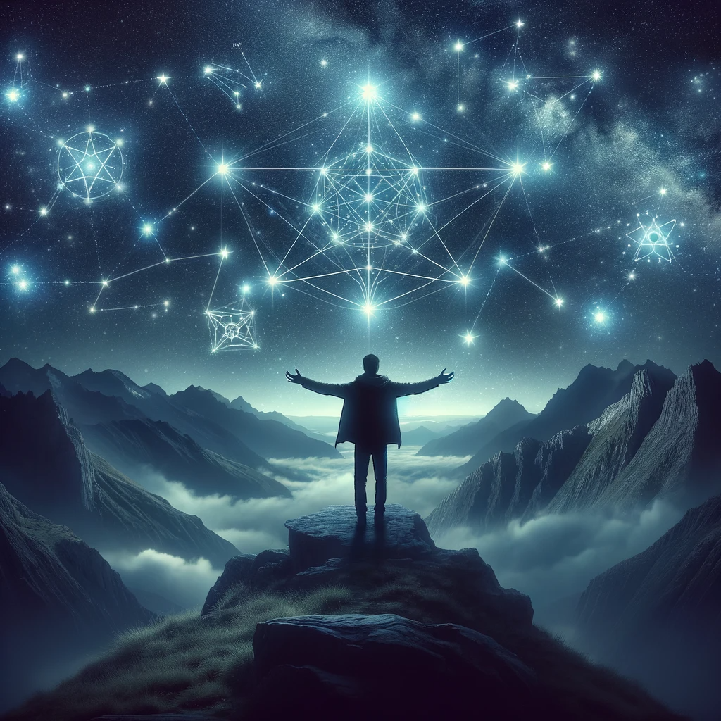 ·E 2024 01 04 03.14.30   A mystical image of a person standing with arms outstretched, under a night sky filled with stars. The person is on a mountain peak, and the stars are.png
