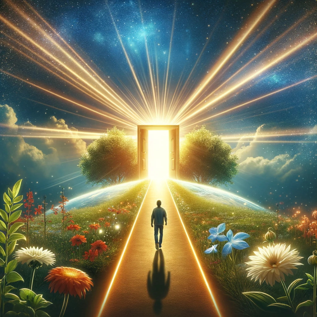 ·E 2024 01 04 03.15.22   A symbolic image of a person walking on a path leading to a bright, shining door in the distance. The path is lined with flowers and lush greenery, re.png