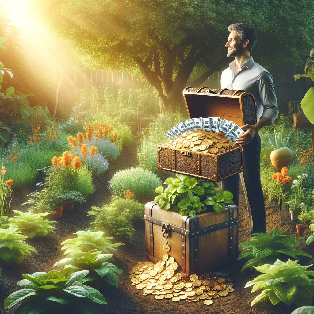 ·E 2024 01 04 03.25.20   An image of a person standing in a lush, flourishing garden, holding a treasure chest overflowing with gold coins, jewels, and banknotes. The garden r.png