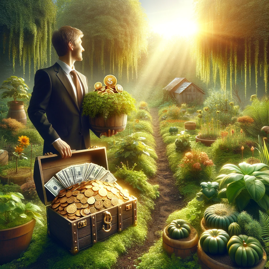 ·E 2024 01 04 03.29.51   An image of a person standing in a lush, flourishing garden, holding a treasure chest overflowing with gold coins, jewels, and banknotes. The garden r.png