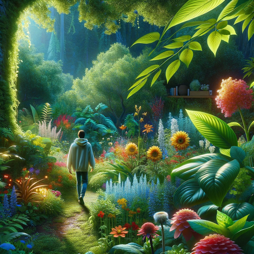 ·E 2024 01 04 18.02.29   An image of a person walking through a lush garden, surrounded by vibrant flowers and plants. The person is touching the leaves gently, symbolizing a .png