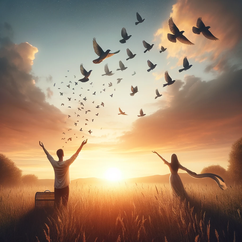 ·E 2024 01 05 00.12.26   A calming image of a person standing in a meadow during sunset, releasing a flock of birds into the sky. The person is in a state of relaxation and gr.png