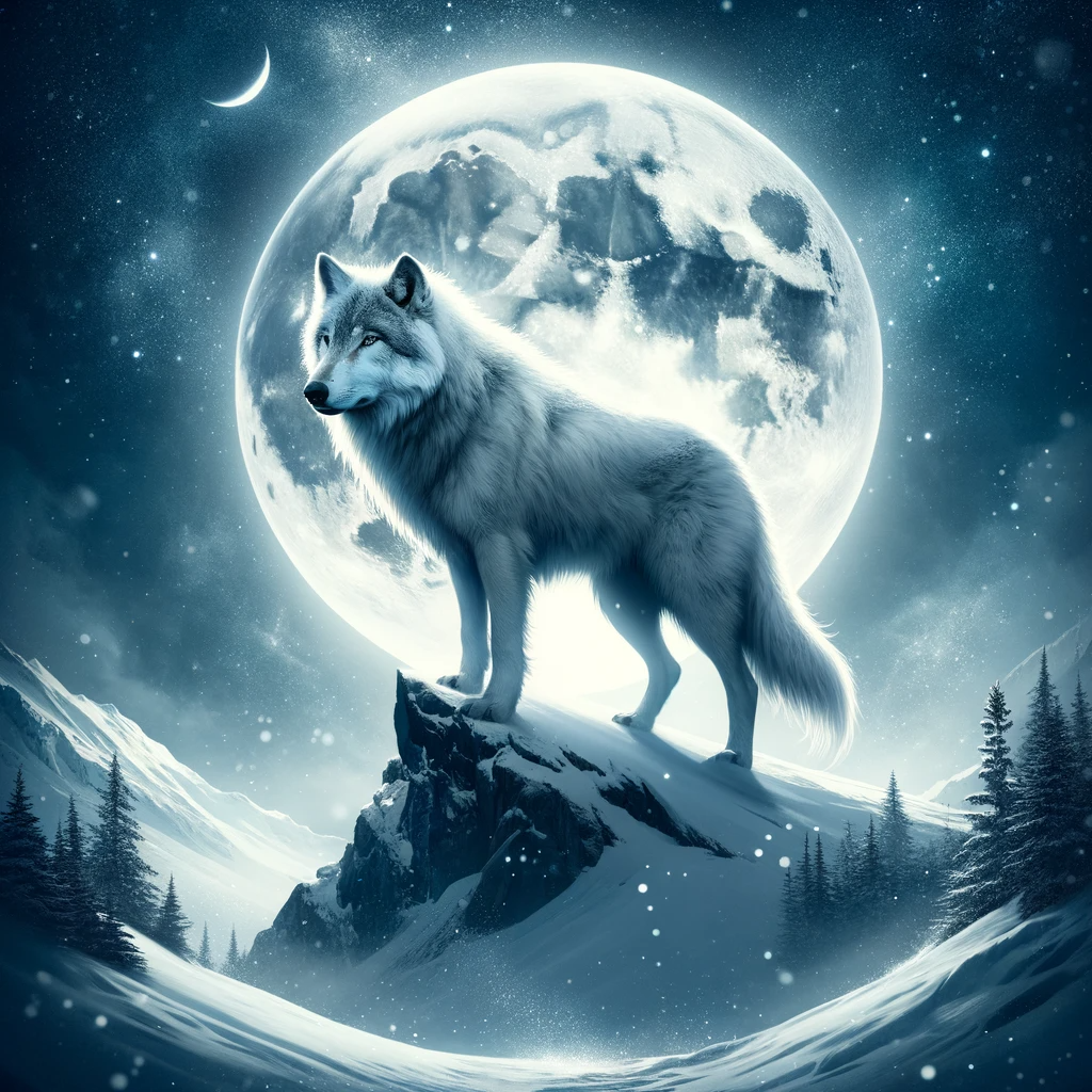 ·E 2024 01 05 00.58.54   A serene image of a majestic wolf standing on a snow covered mountain peak under a full moon. The wolf, often associated with people born in the winte.png