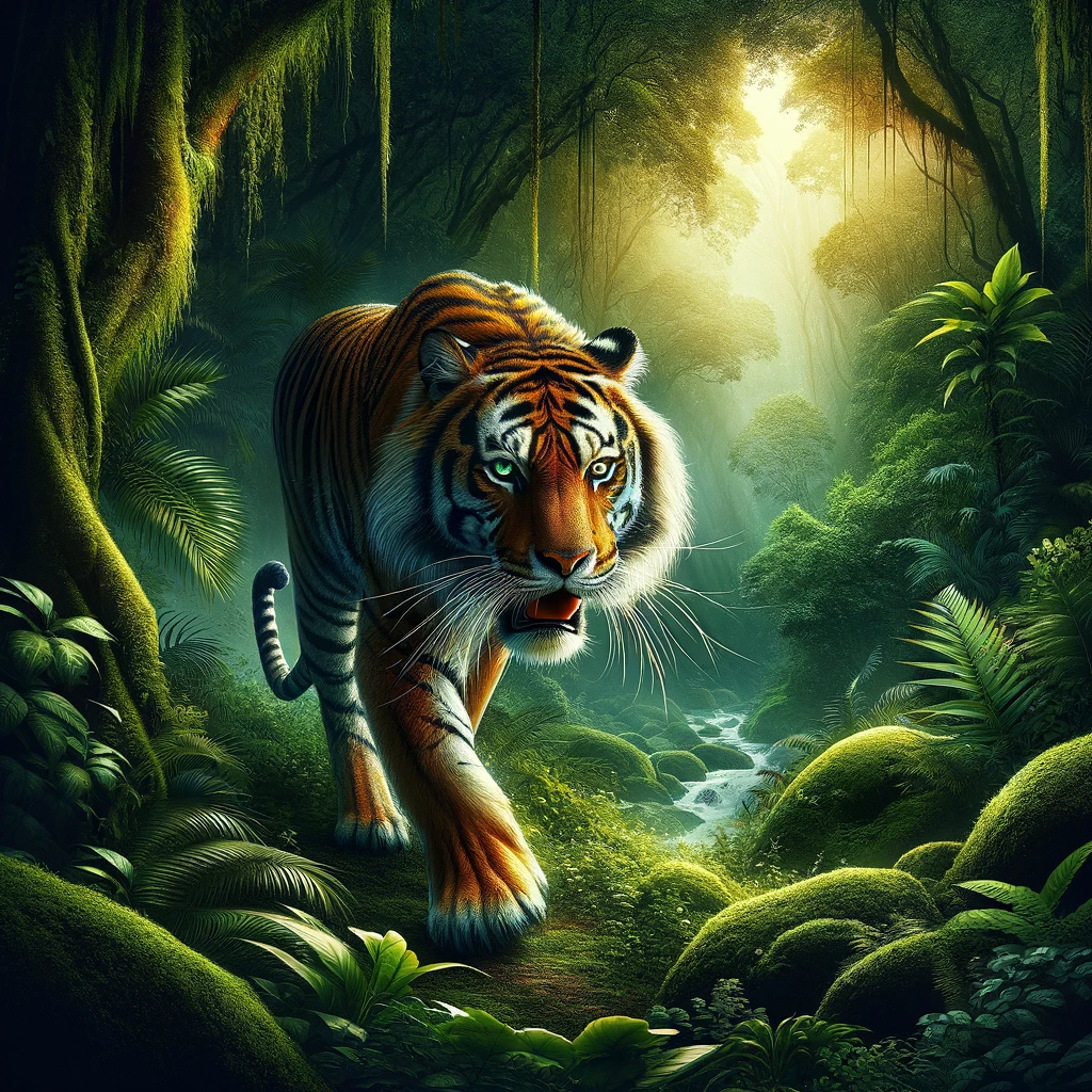 ·E 2024 01 05 01.12.59   A captivating image of a majestic tiger moving stealthily through a dense jungle. The tiger, as a spirit animal, represents raw power, courage, and un.png