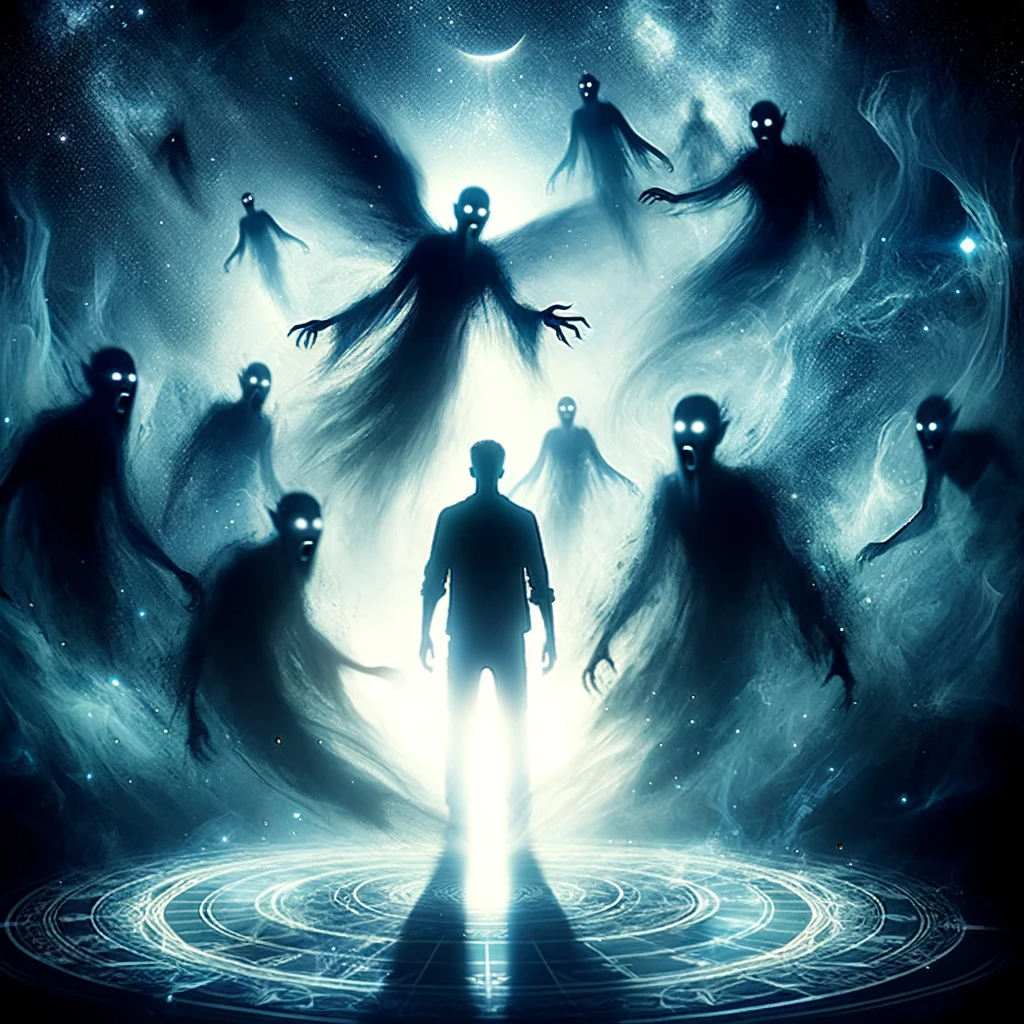 ·E 2024 01 05 23.28.42   A haunting image depicting a silhouette of a person astral projecting in a dark, mystical realm, surrounded by shadowy, ethereal figures representing .png