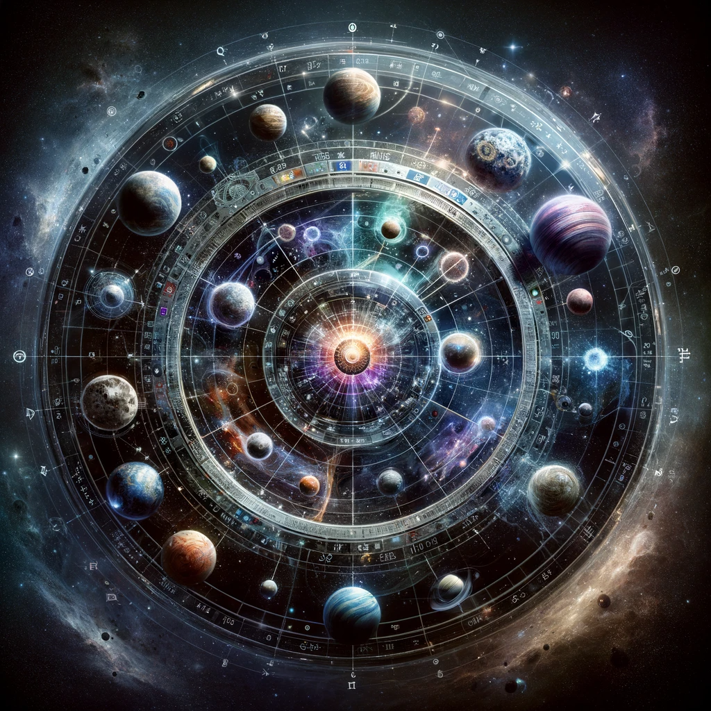 ·E 2024 01 05 23.52.28   An abstract image portraying the alignment of planets within an astrology wheel. The wheel is depicted as a cosmic mechanism, with planetary bodies po.png