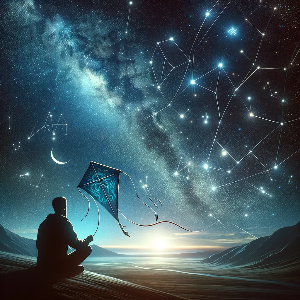 ·E 2024 01 06 01.32.33   A serene image of a person gazing at the night sky, where constellations and planetary bodies are aligning to form a kite pattern. The person is holdi.png