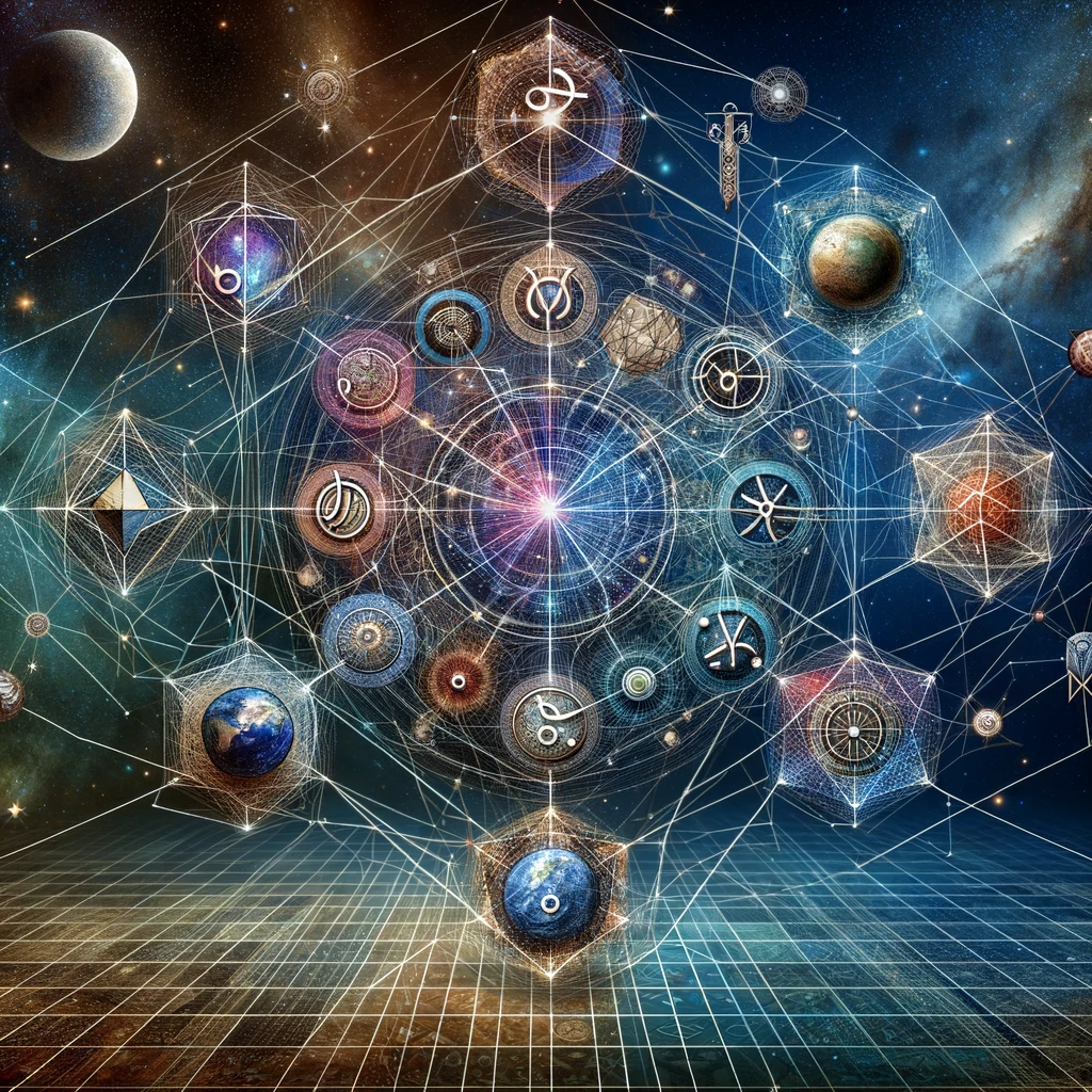 ·E 2024 01 06 01.32.36   An artistic depiction of various astrological symbols and planetary bodies interconnected with lines to form multiple kite patterns. This image showca.png