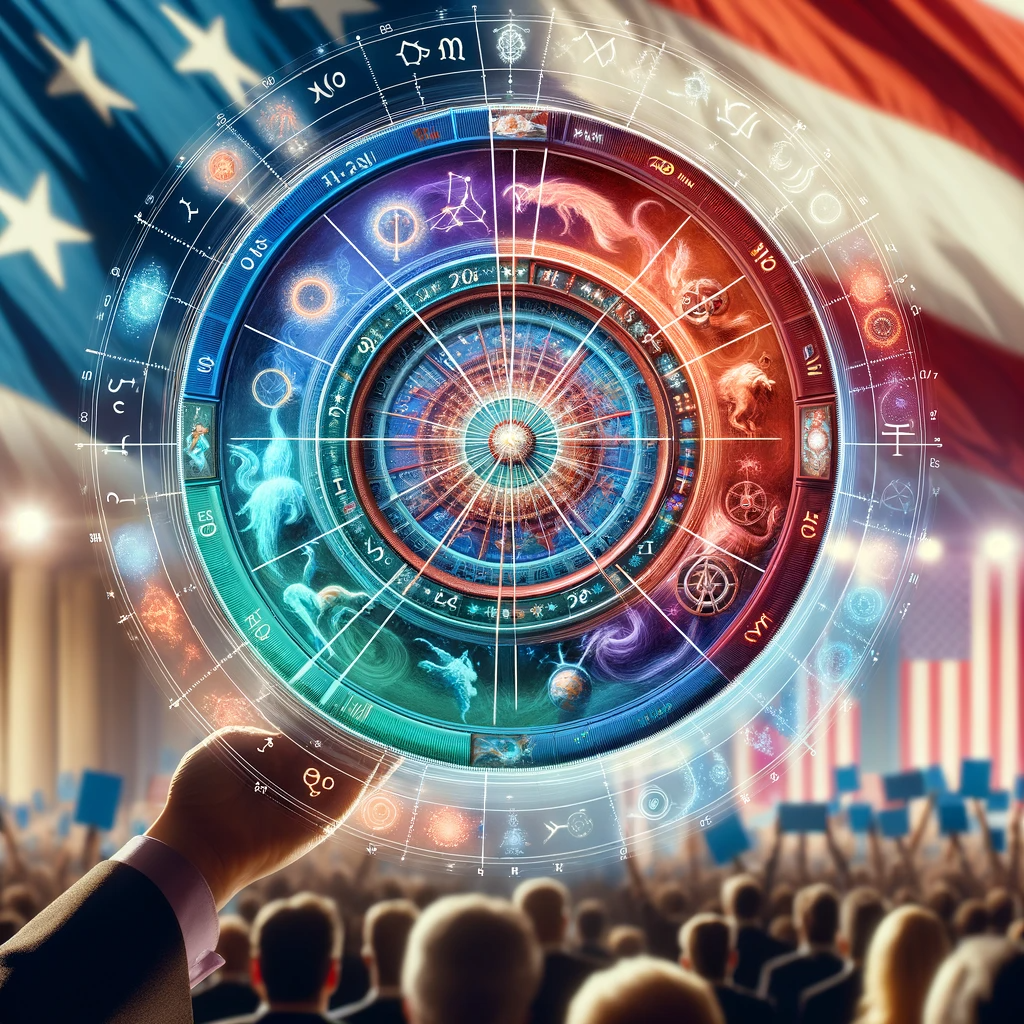 ·E 2024 01 06 16.12.25   An abstract image of an astrological wheel with specific alignments and aspects highlighted that could influence the 2024 presidential election. The w.png