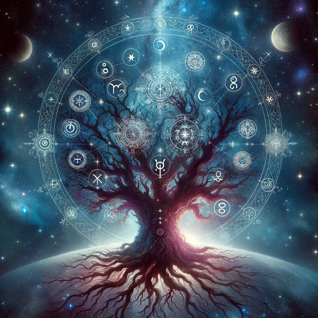 ·E 2024 01 06 16.19.38   A mystical image of the Tree of Life, Yggdrasil, intertwined with astrological symbols significant in Norse mythology. The tree is grand and sprawling.png