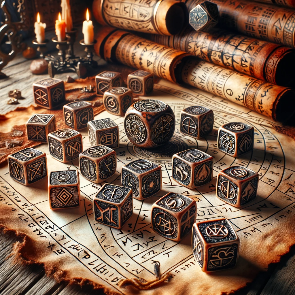 ·E 2024 01 06 16.19.40   An enchanting image showcasing a set of Norse themed astrological dice, each carved with runic symbols and astrological markings. The dice are cast on.png