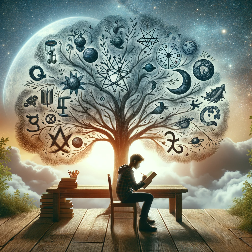 ·E 2024 01 06 16.36.12   A conceptual image of a writer sitting under a tree, with the branches forming astrological symbols that influence their writing. The writer is deep i.png