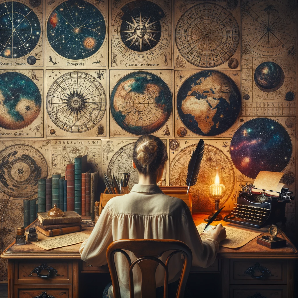 ·E 2024 01 06 16.36.13   An image showing a writer at a vintage desk, surrounded by astrological charts and celestial maps. The charts and maps are spread out on the desk, alo.png
