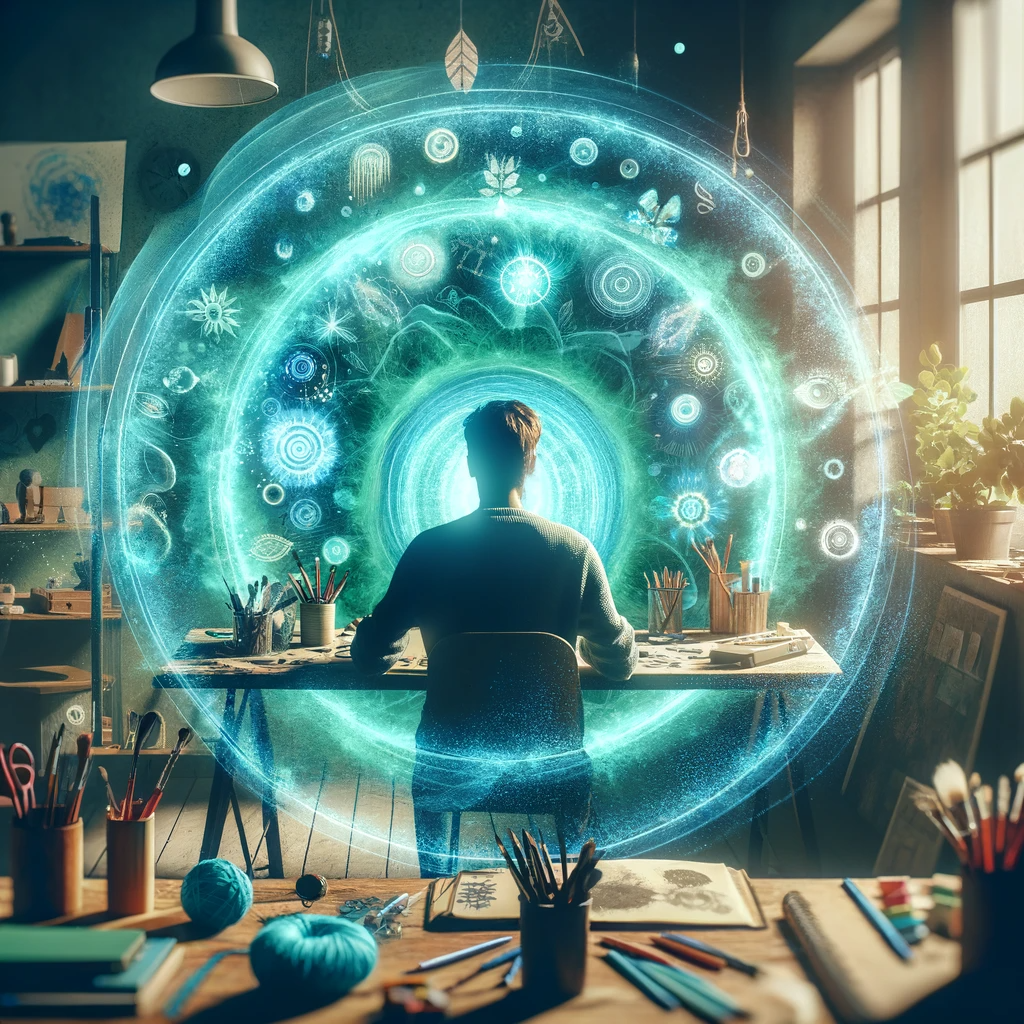 ·E 2024 01 06 16.43.57   An image showing a person in a creative workspace, surrounded by a turquoise aura. The aura is bright and enveloping, reflecting qualities like creati.png