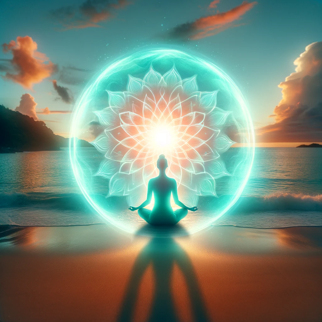 ·E 2024 01 06 16.43.58   A tranquil image of a person practicing yoga on a beach at sunset, with a radiant turquoise aura enveloping them. The aura symbolizes a blend of heali.png