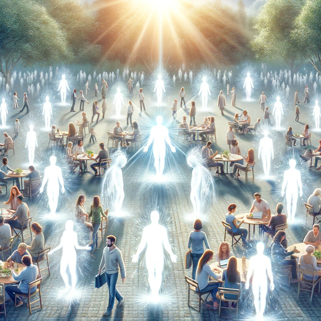 ·E 2024 01 06 17.47.59   An image of a group of people in various states of activity, each surrounded by a white aura. The scene depicts interactions where the white aura sign.png