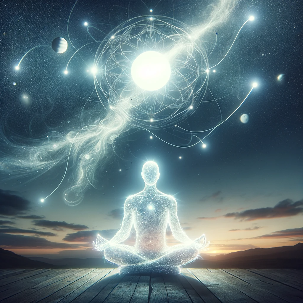·E 2024 01 06 17.48.00   A conceptual image of a person in a meditative pose, with a white aura emanating from them and connecting to celestial bodies in the sky. The aura and.png