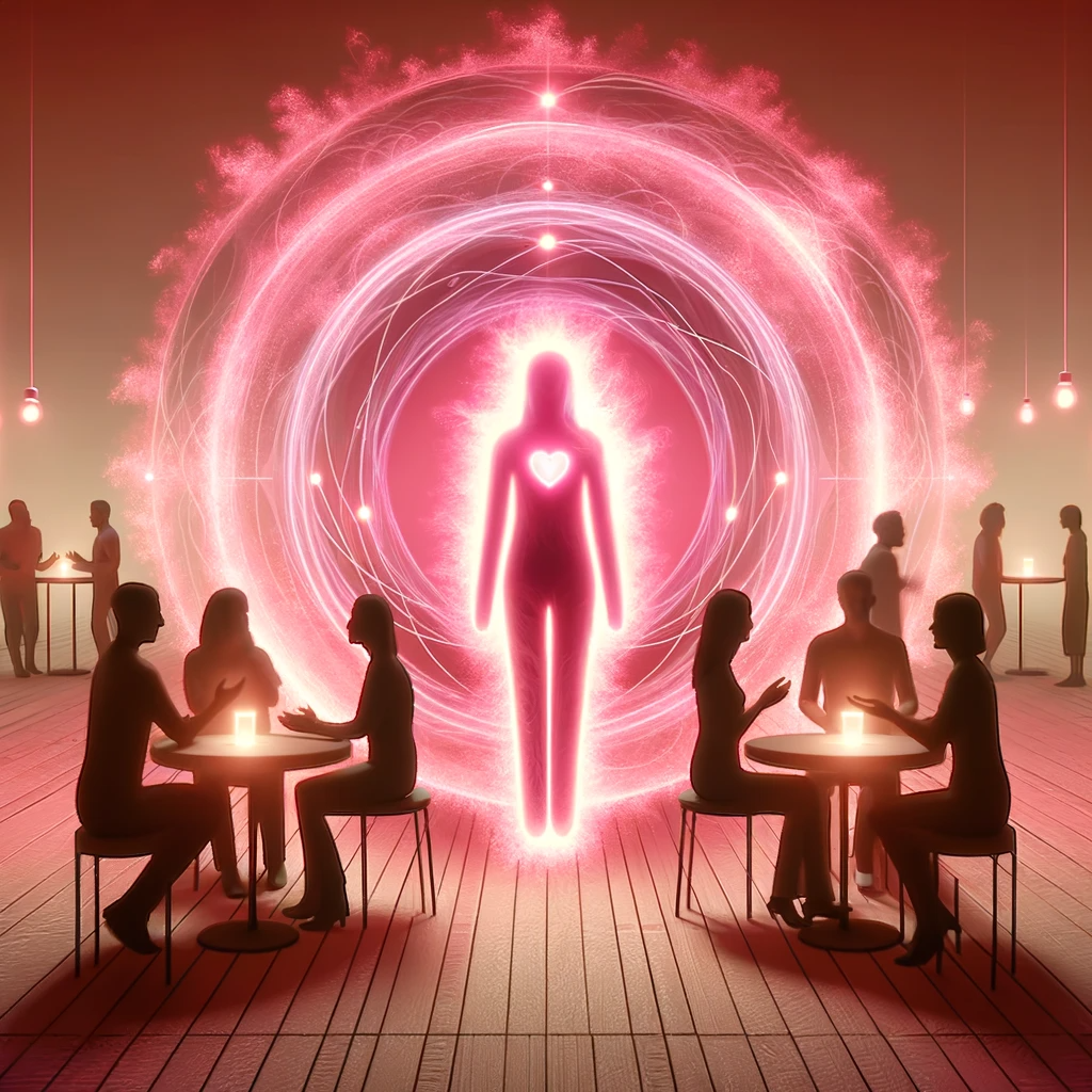 ·E 2024 01 06 17.53.43   A conceptual image of a person in a social setting, surrounded by a pink aura. The aura signifies warmth, friendliness, and emotional openness, qualit.png