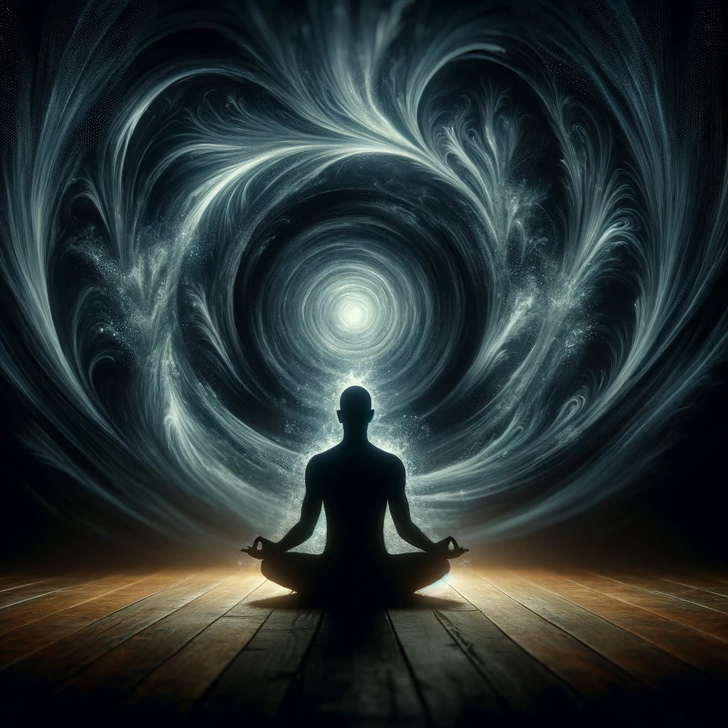 ·E 2024 01 06 18.20.57   An artistic representation of a person in a meditative state, surrounded by a dark, swirling black aura. This aura conveys the concept of shielding an.png