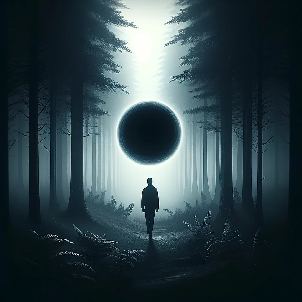 ·E 2024 01 06 18.20.58   A symbolic image of a person walking alone in a misty, dark forest, with a faint black aura surrounding them. The aura and the forest setting create a.png