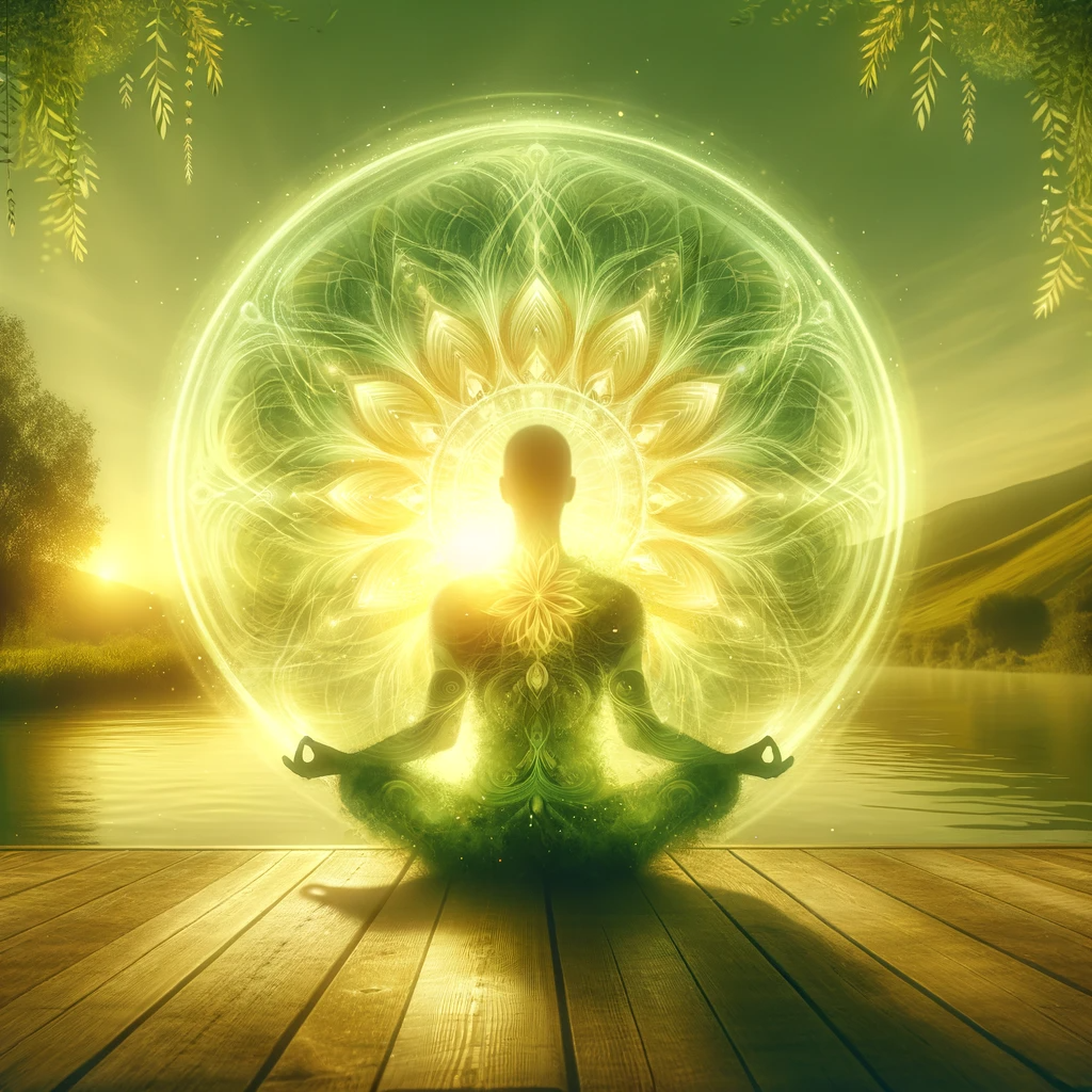 ·E 2024 01 07 19.44.33   A tranquil image of a person practicing yoga or meditation in a serene environment, with a yellow green aura radiating around them. The yellow green a.png