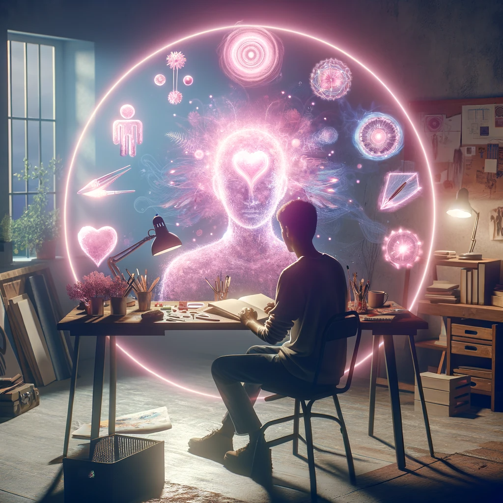 ·E 2024 01 07 19.49.36   An image showing a person in a creative workspace, like an art studio or a writer's desk, illuminated by a light pink aura. The aura reflects creativi.png
