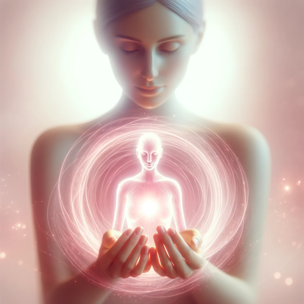 ·E 2024 01 07 19.49.40   A soft and gentle image of a person surrounded by a light pink aura. The aura emits a delicate and soothing energy, symbolizing compassion, tenderness.png