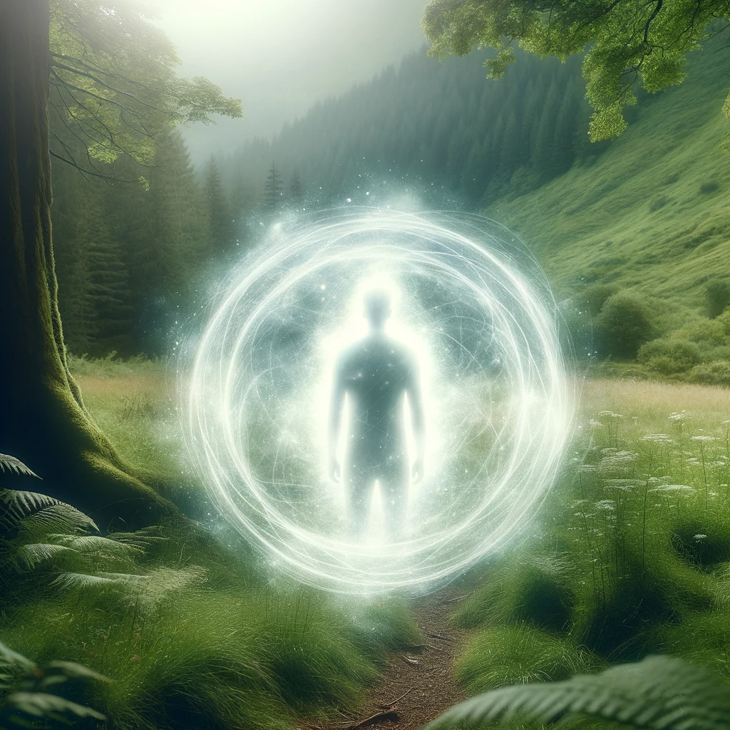 ·E 2024 01 08 03.18.14   An image of a person in a natural setting, like a forest or meadow, with a white aura enveloping them. The aura's brightness contrasts with the natura.png