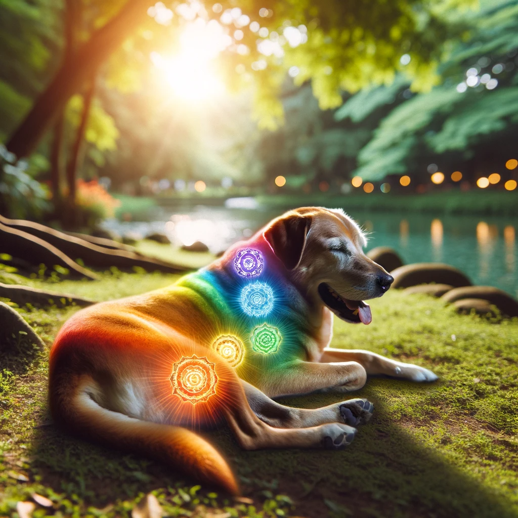 ·E 2024 01 08 21.19.39   An image of a dog lying down, relaxing in a natural setting such as a park or garden, with visible chakras glowing along its body. Each chakra, from t.png