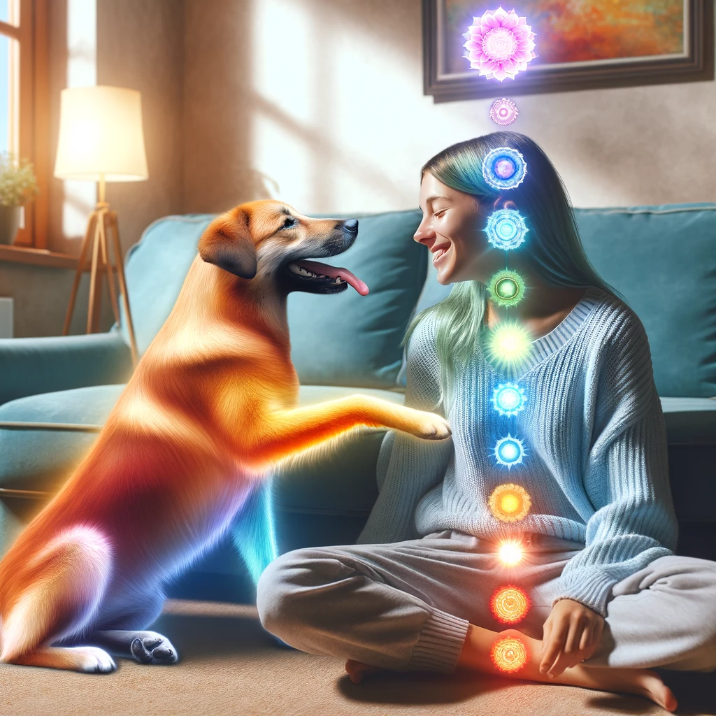 ·E 2024 01 08 21.19.41   A heartwarming image of a dog interacting playfully with its owner, with both their chakras subtly illuminated. The dog's chakras align along its spin.png