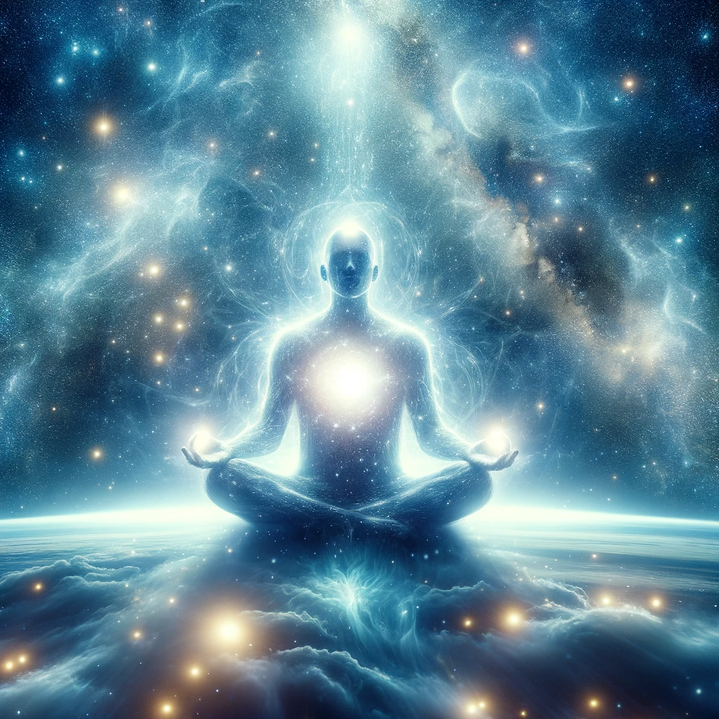 ·E 2024 01 22 18.57.32   A profound image of a person meditating under a vast cosmos, symbolizing the concept of divine consciousness. The individual is in a deep meditative s.png