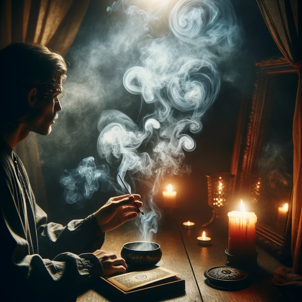 ·E 2024 01 22 19.31.23   A mystical image of a person performing smoke divination. The individual is seated before a burning incense or candle, with swirling smoke patterns ri.png