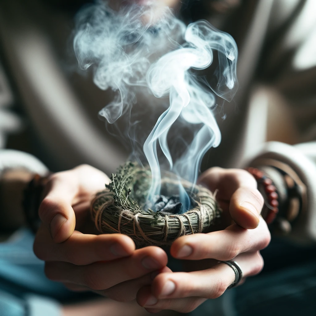 ·E 2024 01 22 19.31.25   An image of a person's hands holding a smoldering bundle of herbs, with smoke rising and forming intricate patterns. The focus is on the smoke and the.png